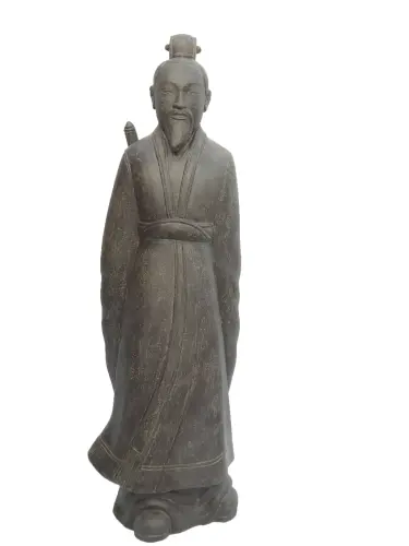 Product image of the product “Standing Samurai with sword on the back. 160cm height, cast stone, hollow, handcrafted & coloured ”